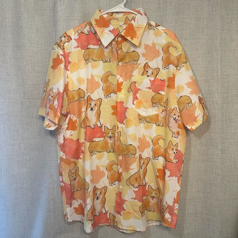 XL Men’s Corgi Fall Leaves Button Down Vacation Shirt